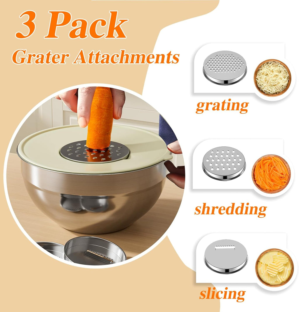 Skiennix Stainless Steel Mixing Bowls Set - 6 PCS with Lids & 3 Grater Attachments | Nesting Kitchen Organizers