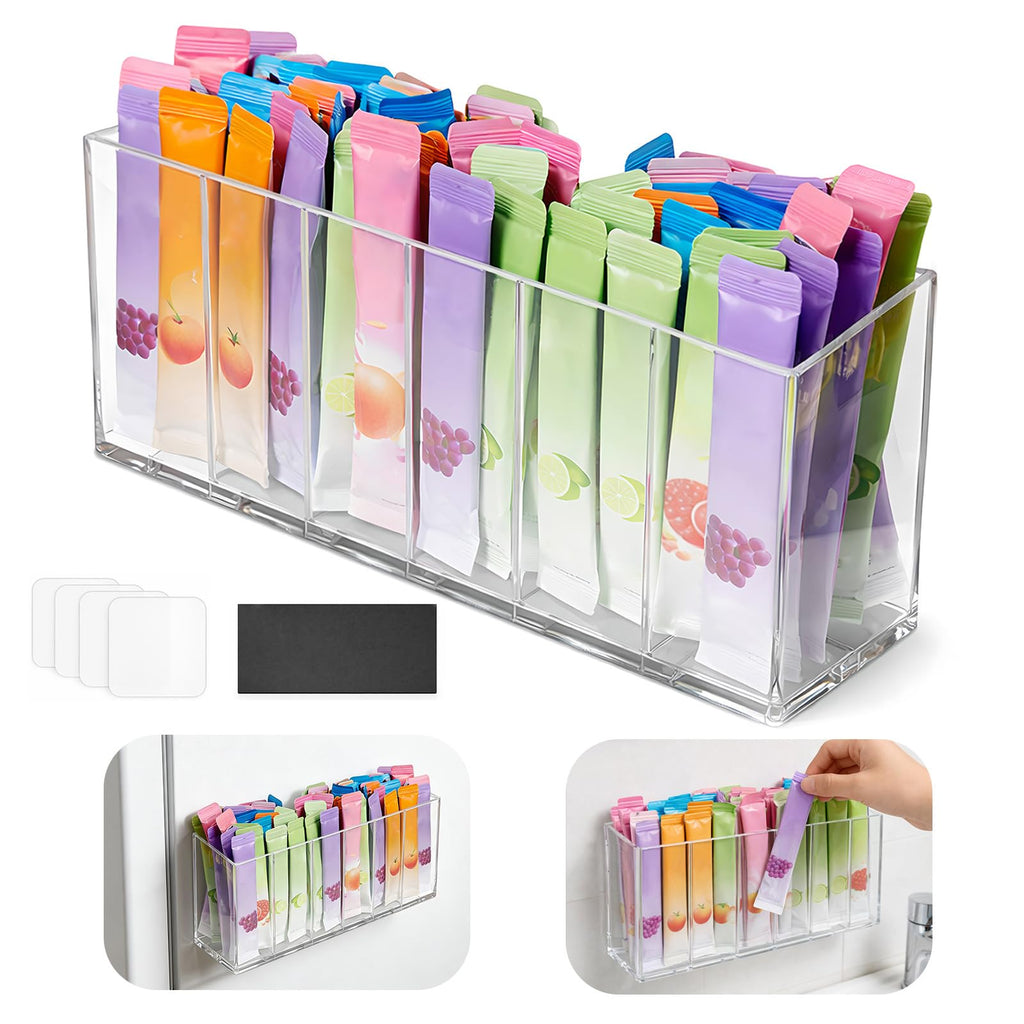 Drink Packet Organizer with Removable Divider & 6 Compartment, Mounted Water Packet Organizer with Soft Magnetic and Adhesive Sticker, Water Flavor Packet Storage for Kitchen Pantry Cabinet Fridge
