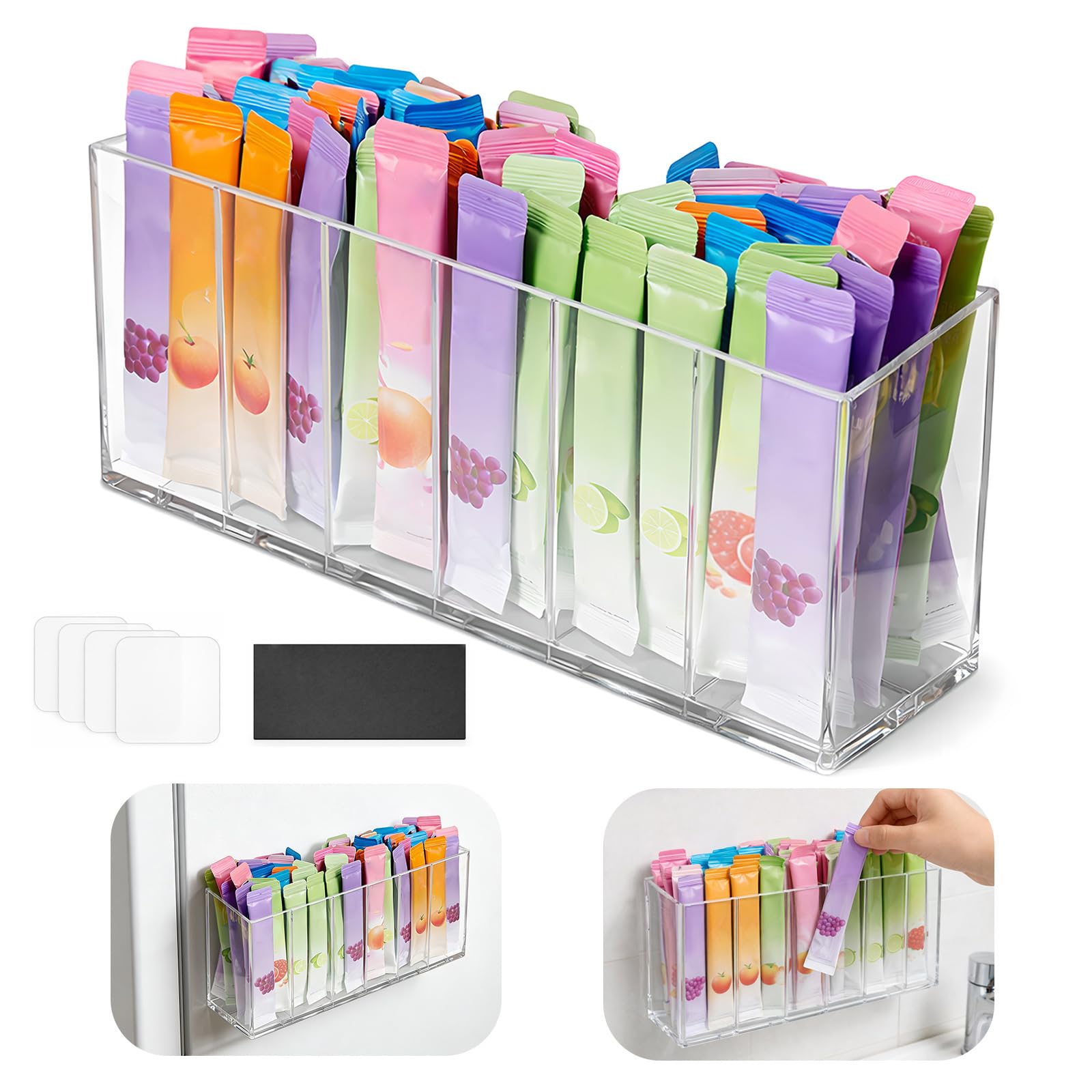Drink Packet Organizer with Removable Divider & 6 Compartment, Mounted Water Packet Organizer with Soft Magnetic and Adhesive Sticker, Water Flavor Packet Storage for Kitchen Pantry Cabinet Fridge