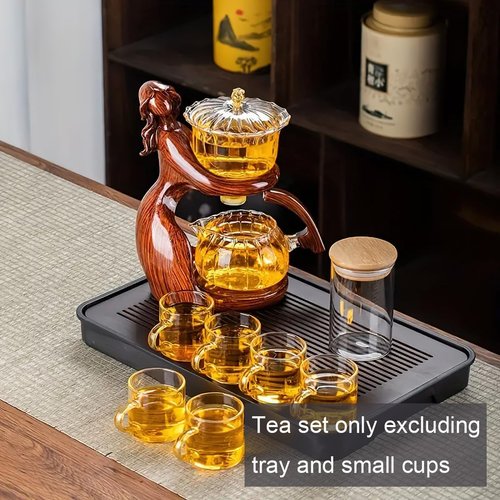 Lazy Kungfu Magnetic Tea Pot, Semi Automatic Glass Teapot, Lazy Kungfu Drip Teapot, Magnetic Attraction Water Rotating Cover Bowl Suitable for Home/Office Reception Tea Set (Red Maiden)