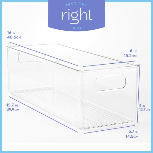 Plastic Food Storage 4 Pack Clear Container Bin with Handles for Organizing Kitchen, Pantry, Refrigerator, Freezer, Pantry, Cabinet, Closet, Bathroom. 16”x6”x5”
