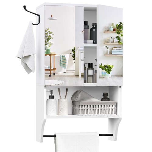 MAHANCRIS Bathroom Wall Cabinet with Mirror, Medicine Cabinet with 2 Door and Adjustable Shelf, Wall Mounted Over The Toilet Storage Cabinet with Towel Bar for Bathroom Laundry Room Kitchen, White
