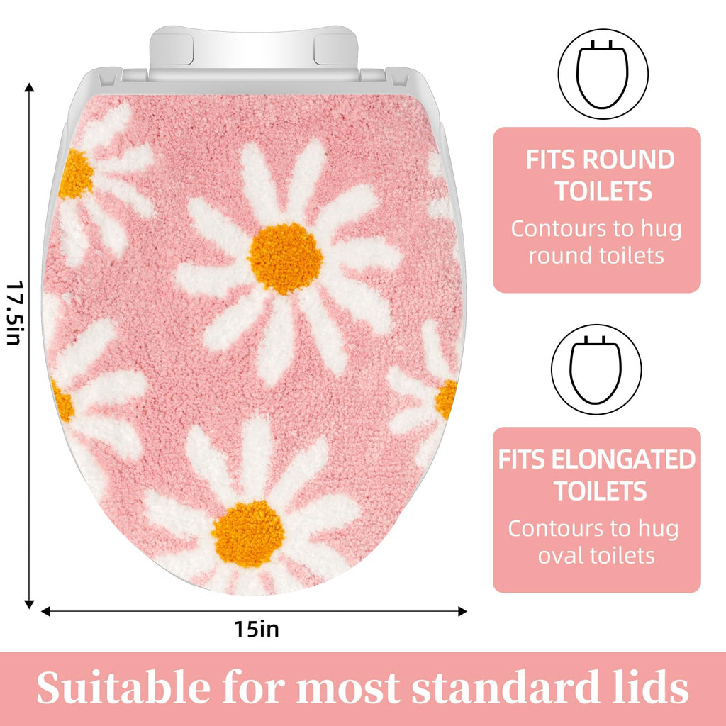 Pink Flower Bathroom Toilet lid, Cute Daisy Toilet lid Cover, Machine Washable, Beautiful and Soft Bathroom Decoration Suitable for Most Round, Oval and Long Toilet Seats (Pink)