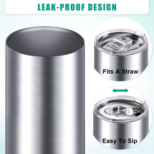 Potchen 16 Pack 20 oz Stainless Steel Skinny Tumbler Water Tumbler Cup Insulated Stainless Steel Cups with Lid Double Layer Travel Coffee Mug Reusable for Hot Cold Drink Home Office Car Use(Silver)