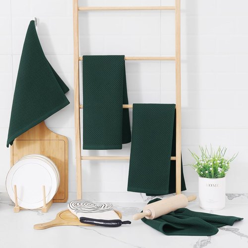 Homaxy 100% Cotton Waffle Weave Kitchen Dish Towels - Ultra Soft & Absorbent, 13 x 28 Inches, 8-Pack | Blackish Green