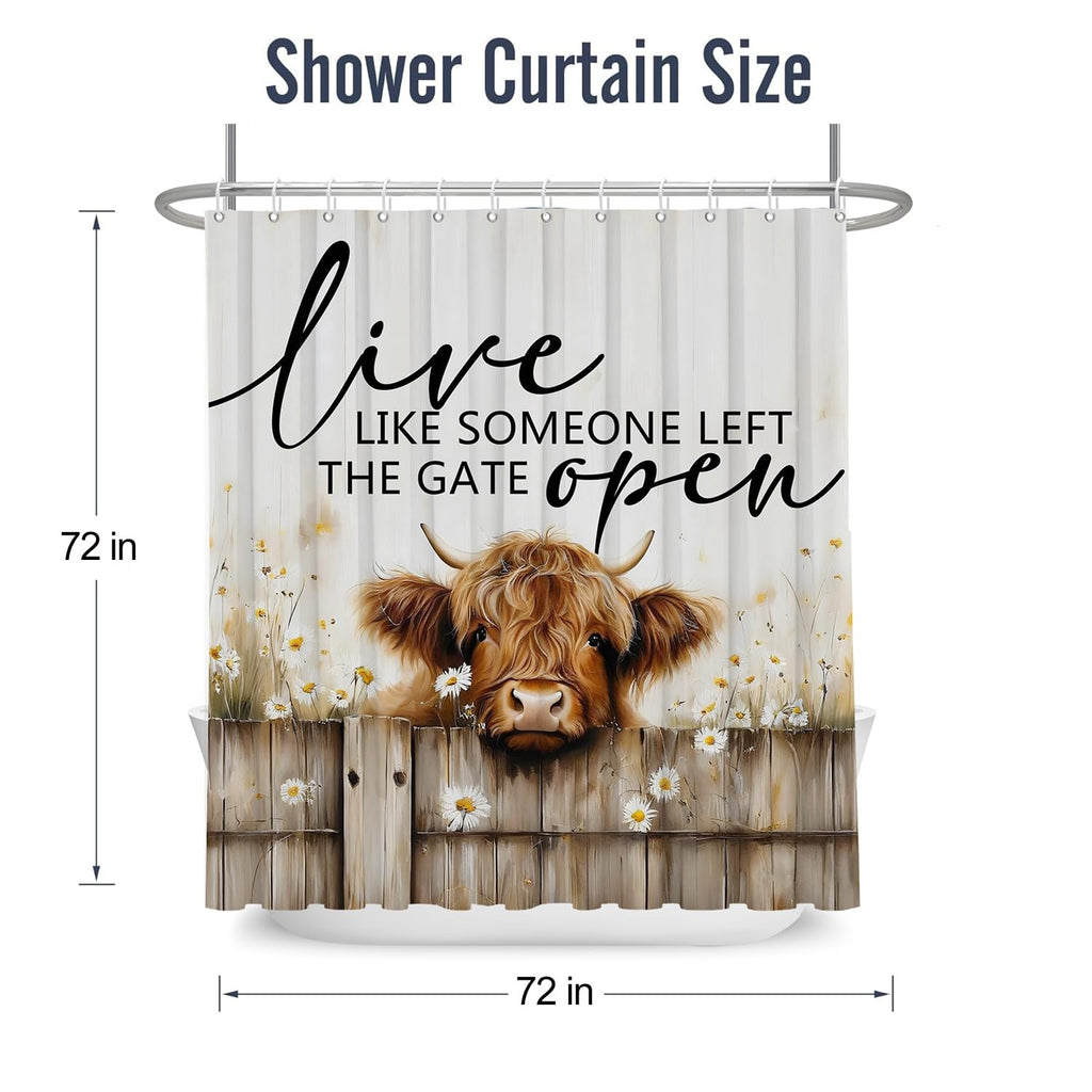 PEDBANRO Highland Cow Shower Curtain Inspirational Quotes Daisy Flower Farmhouse Fence,Funny Cattle Farm Animal Rustic Brown Fabric Shower Curtains Bathroom Accessories 72x72 Inches