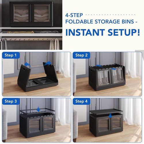 FLEXIMOUNTS Stackable Storage Bins - Collapsible Plastic Bins With Lids & Wheels | 3 Pack, Black