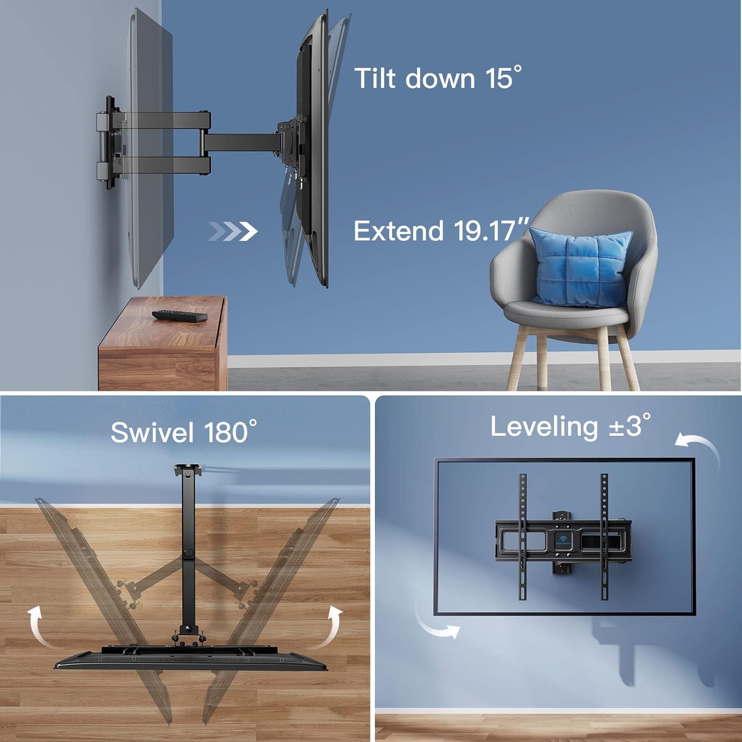 Perlesmith Corner TV Wall Mount - Full Motion Bracket for 26-65 Inch TVs | Swivel, Tilt, Level, Max VESA 400x400mm