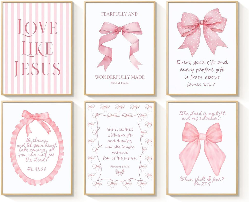Skiennix 3-Piece Pink Bows Wall Art - Cute Bible Verse Prints for Girls' Rooms | 8x10 Inch Decor