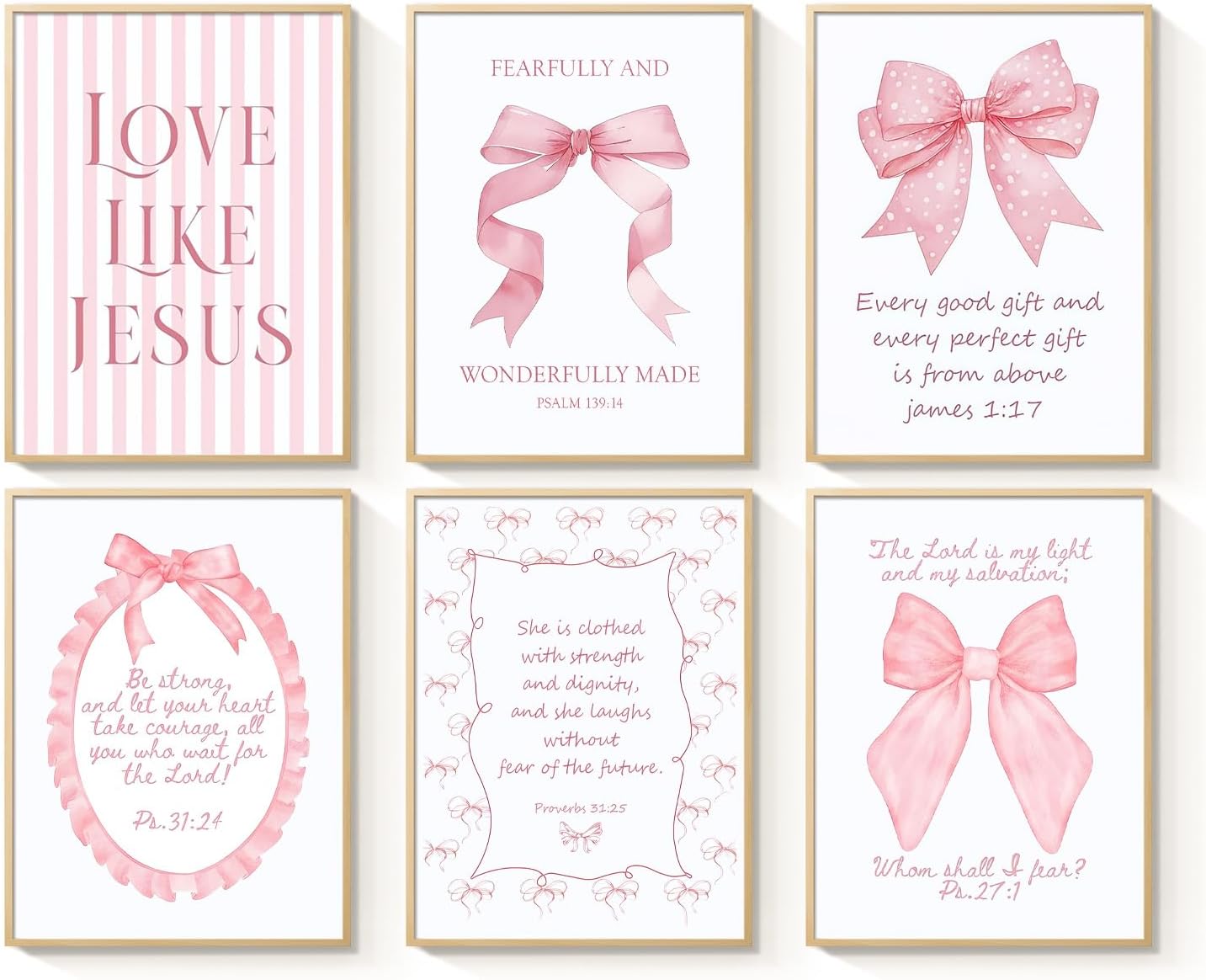 Skiennix 3-Piece Pink Bows Wall Art - Cute Bible Verse Prints for Girls' Rooms | 8x10 Inch Decor