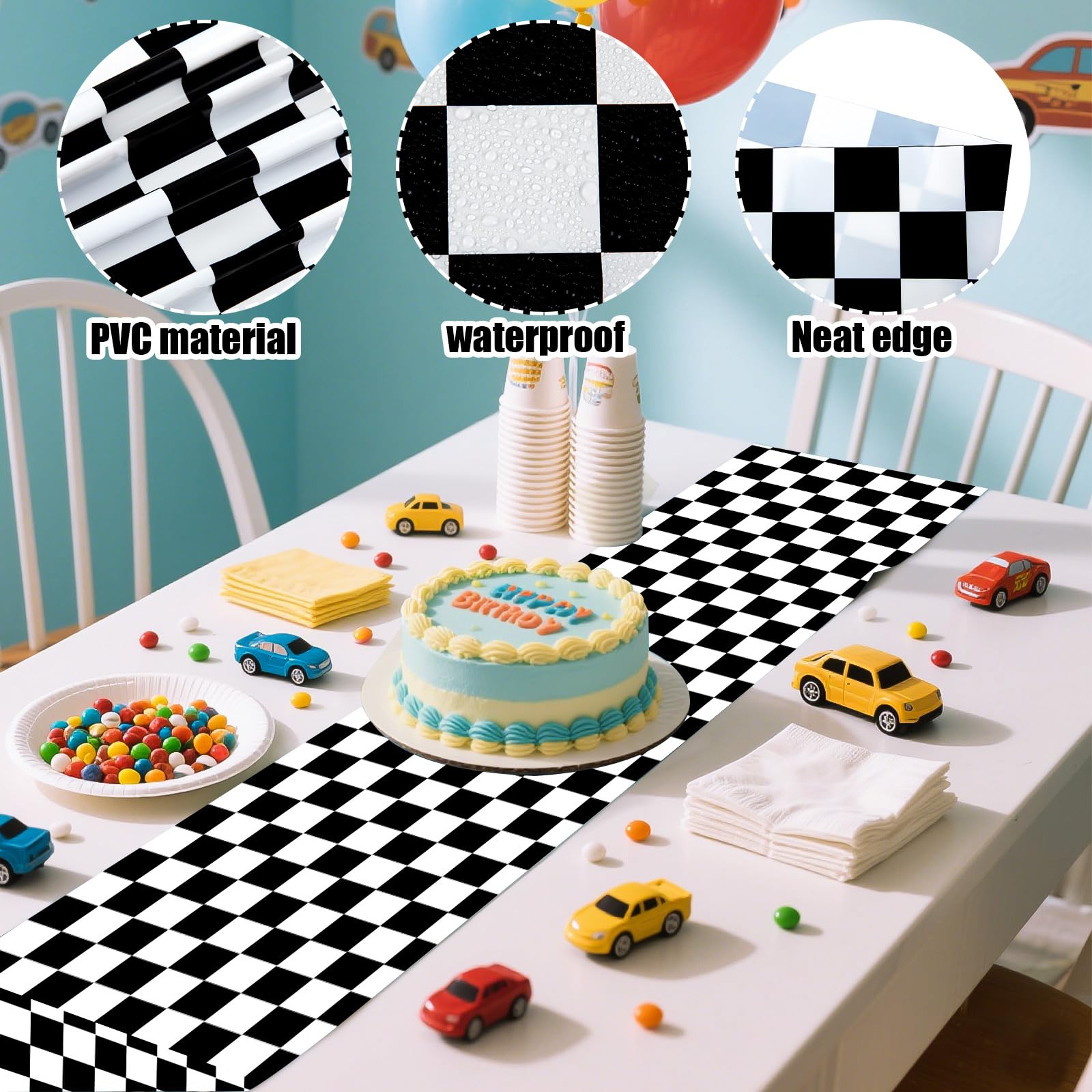 Plastic Checkered Table Runner, 14" x 108" Black & White Checkered Table Cloths, 6 Pcs Racetrack Road Table Runner for Birthday Racing Theme Party