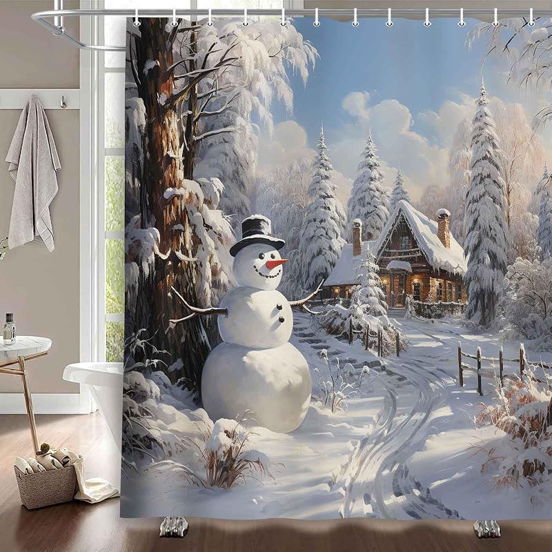 Christmas Snowman Shower Curtain Grey - 71 x 71 in Waterproof Polyester Bath Decor