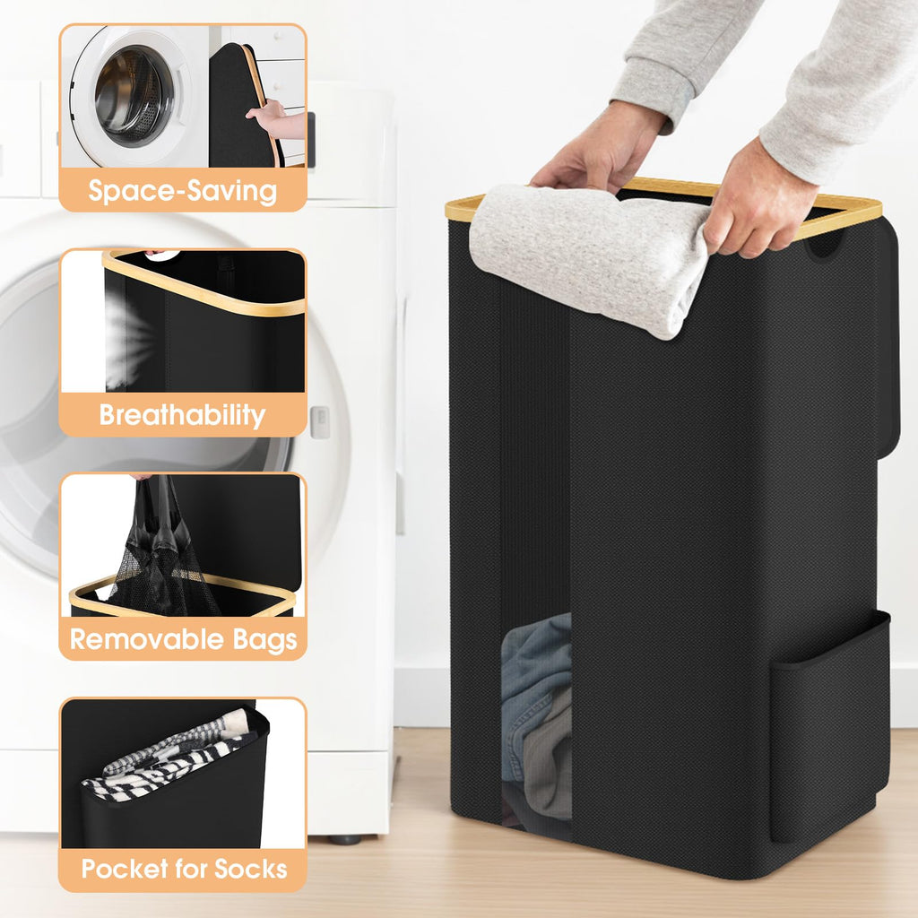 SpaceTrove Laundry Basket Clothes Hamper with Lid and Removable Bag Large Collapsible Laundry Baskets with Handle, Freestanding Hampers for Bedroom Aesthetic, Dorm, Bathroom, Laundry Room 100L (Black)