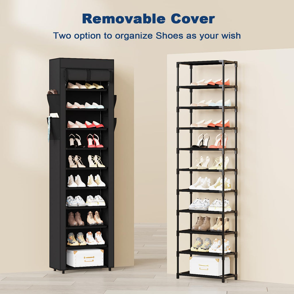 Mavivegue Shoe Rack with Cover, 10 Tier Tall Shoe Organizer for 18-22 Pairs of Shoes, Shoe Organizer with 4 Side Pockets, Shoe Cabinet for Entryway, Closet