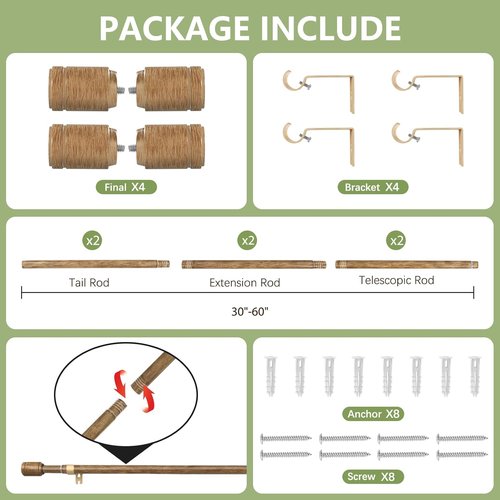 Adjustable 5/8” Diameter Wood Grain Curtain Rods by [Brand Name] | 30-60 Inch for 30-54 Inch Windows - 2 Pack with Brackets