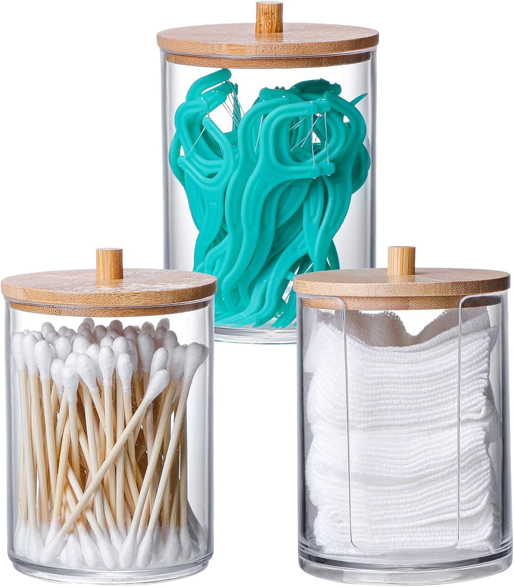 Skiennix Qtip Holder Set - 3 Pcs Clear Acrylic Dispensers with Bamboo Lid for Bathroom Storage