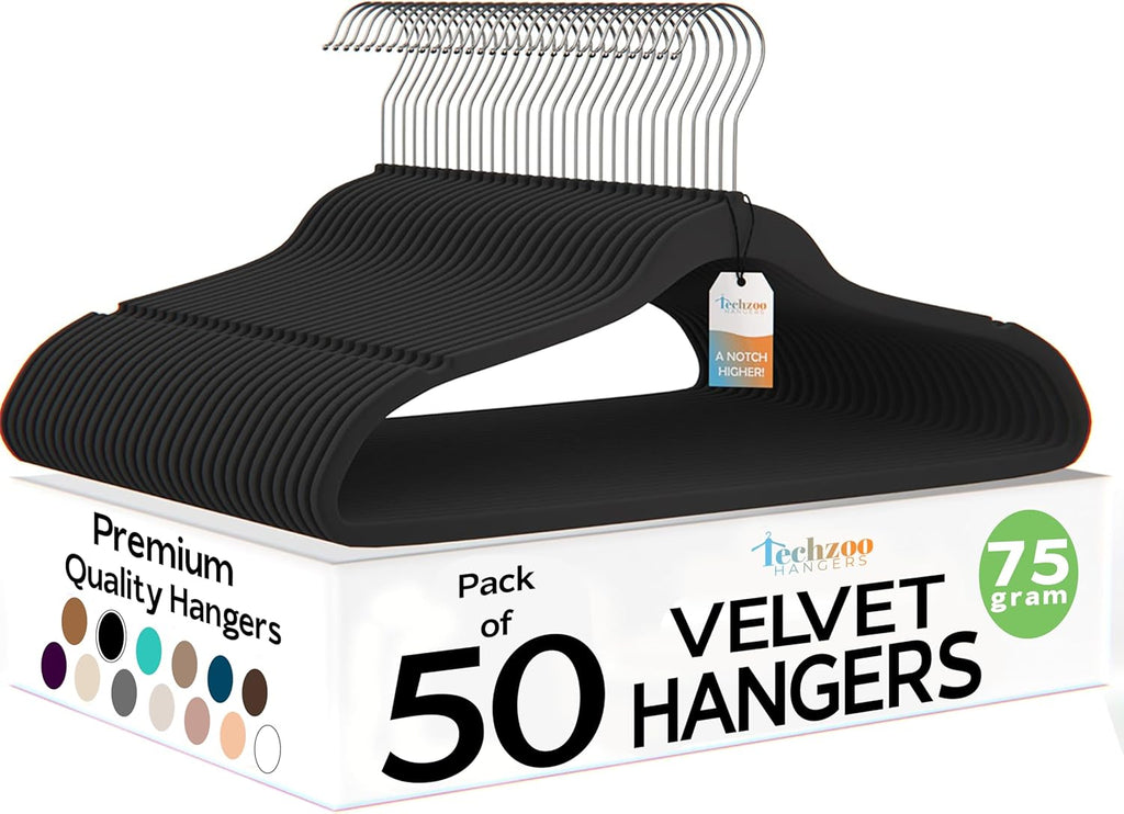 Techzoo Velvet Hangers - Ultra Thin Non-Slip Design for Space Saving | 50 Pack in Black