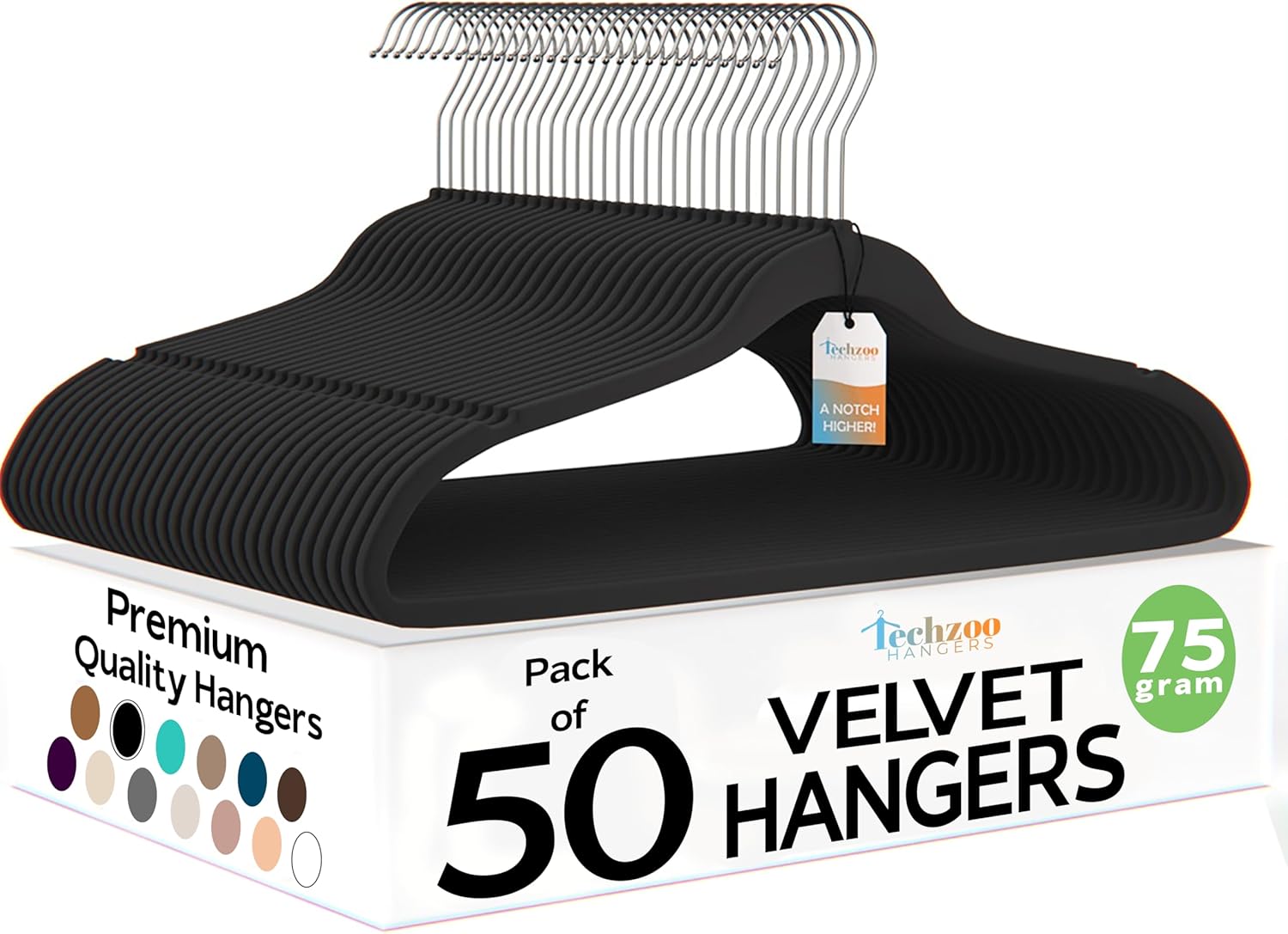 Techzoo Velvet Hangers - Ultra Thin Non-Slip Design for Space Saving | 50 Pack in Black