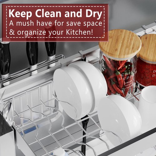 VNKZI Over Sink Dish Drying Rack, 2 Tier Full Stainless Steel Storage Adjustable Length (25.98'' to 36.61'') Kitchen Rack, Multifunctional Expandable Counter Organizer, Space Saver Dish Rack