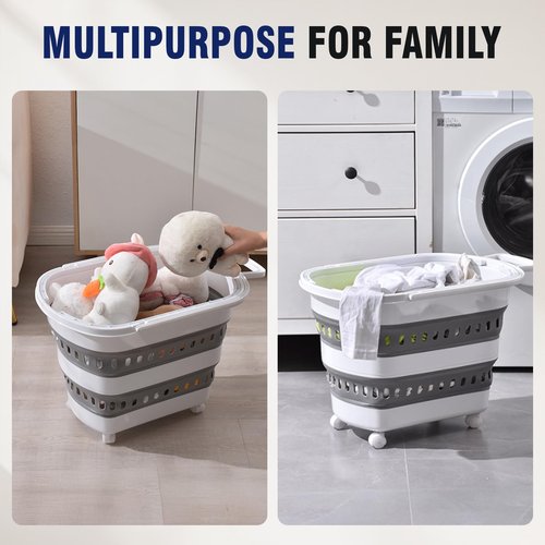 Collapsible Plastic Laundry Basket Hamper with Wheels, 45L Portable Rubber Clothes Basket, Pop Up Storage Container/Organizer with Hanging basket for Washing & Storage, Grey