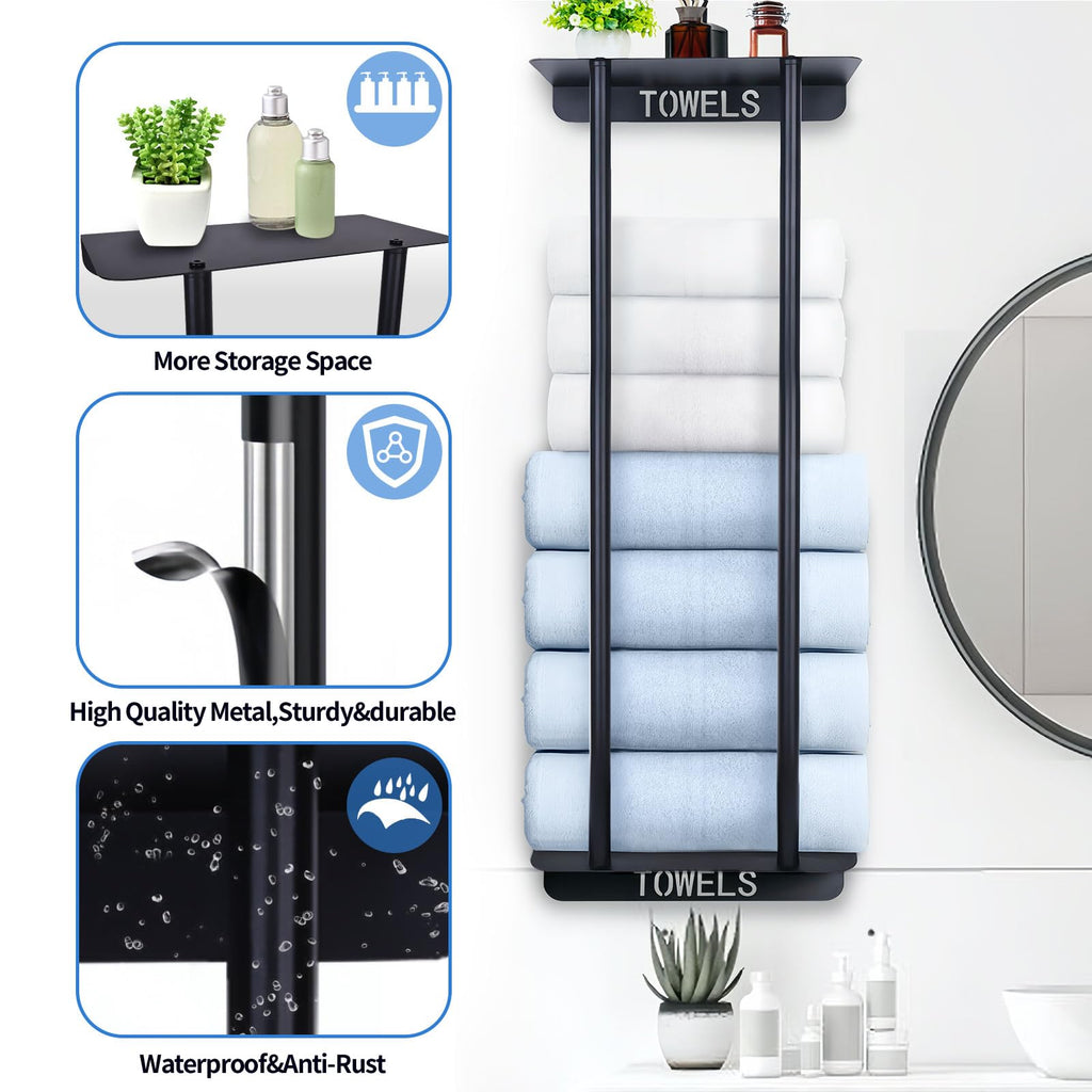 Bathroom Towel Storage Rack,30 Inch Towel Racks for Bathroom Wall Mounted with Shelf Can Holds 8 Large Towels, Metal Wall Towel Rack for Rolled Towels,Folded Towels (Black)