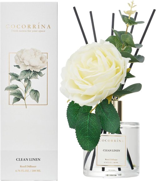 Cocorrína Flower Reed Diffuser - Clean Linen 6.7oz Scented Home Fragrance with Sticks | Elegant Bathroom Decor