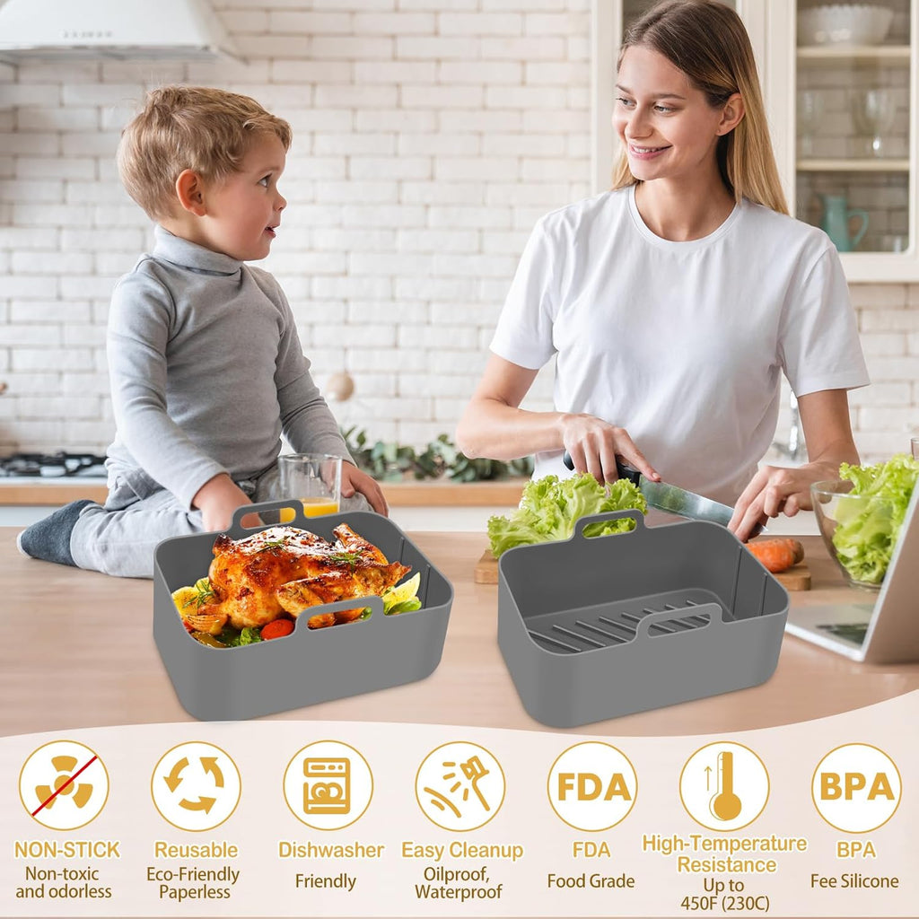 Skiennix Silicone Air Fryer Liners - Reusable Rectangular Basket Inserts for Ninja DZ550/DZ401 | 2 Pcs Grey