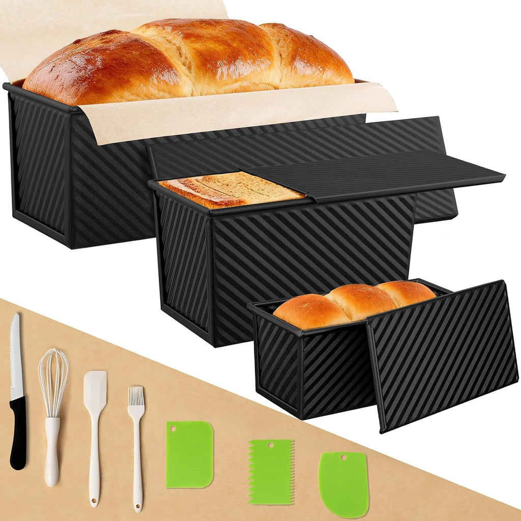 Pullman | 3-Pack Non-Stick Bread Loaf Pan Set - Heavy Duty Carbon Steel with Lids (Black)