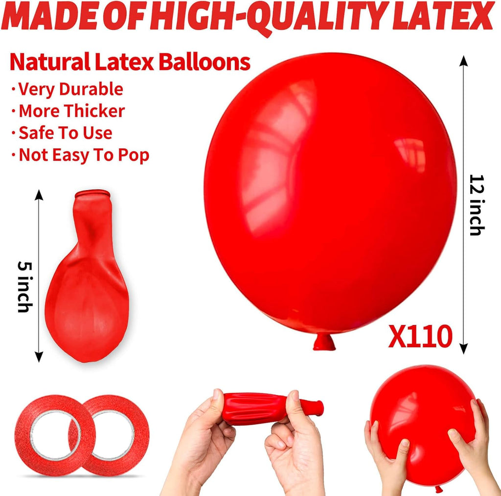 Red Balloon 110pcs - 12 Inch Red Latex Balloons for Birthday, Valentine's Day & Wedding | Includes 2 Ribbons