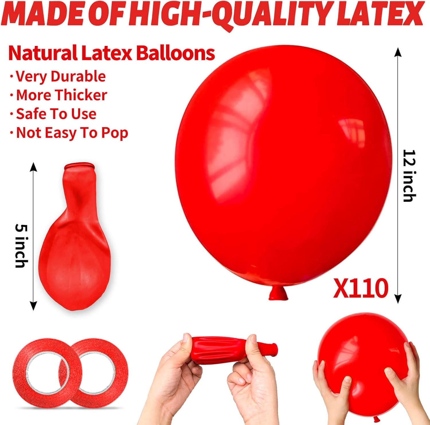 Red Balloon 110pcs - 12 Inch Red Latex Balloons for Birthday, Valentine's Day & Wedding | Includes 2 Ribbons