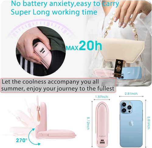 Digibond Portable Pink Handheld Fan - 3000mAh USB Rechargeable, 6-in-1 Travel Essential with Lanyard