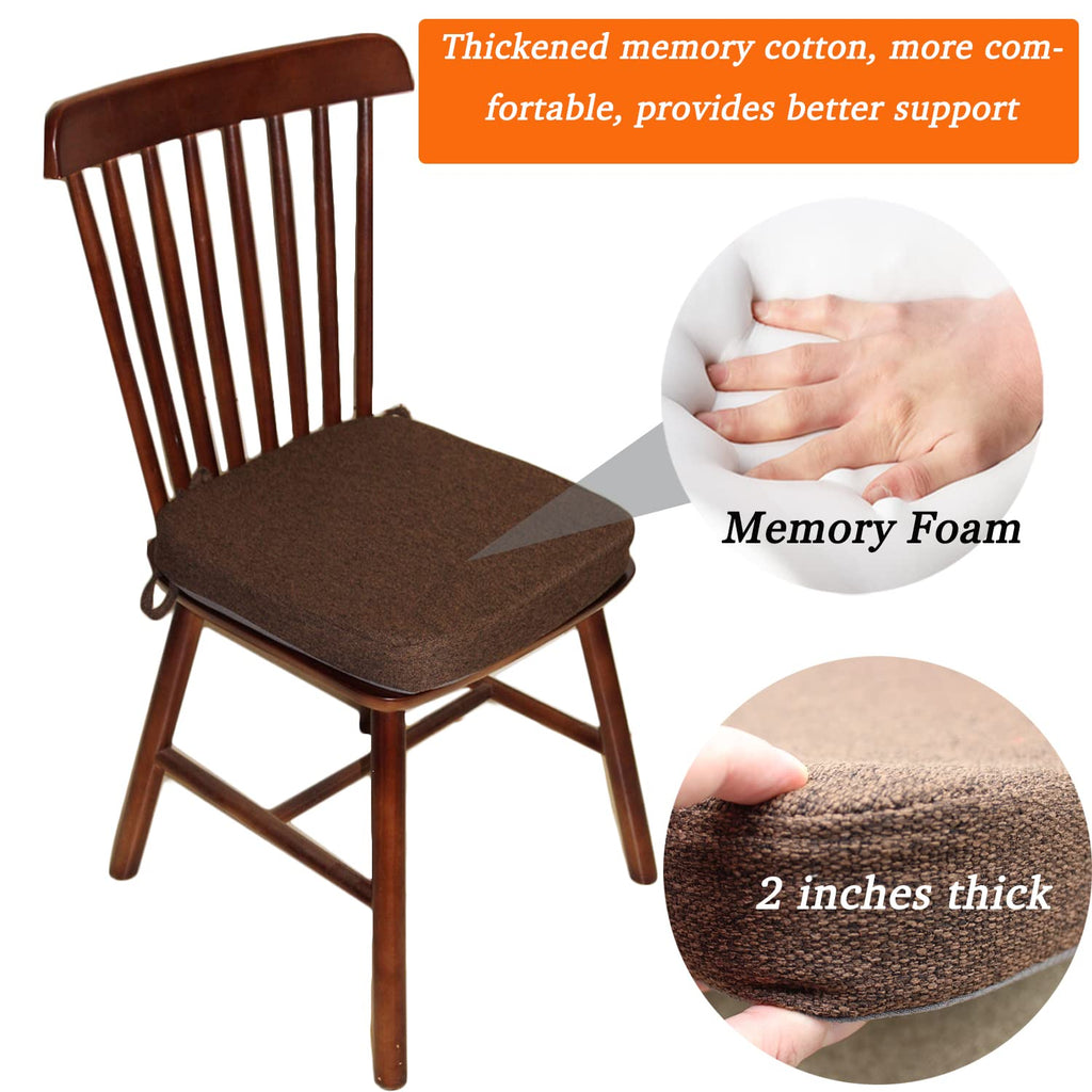 ZYHOONE Chair Cushion with Ties for Kitchen Chair - Thick Memory Foam Indoor Seat pad,Dining Room Cushion with Machine Washable Cover [15 X 15 X 2 Inches] - (Dark Brown,4)