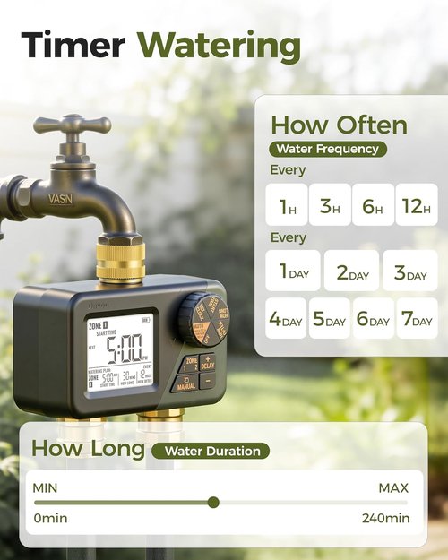 Diivoo Brass Sprinkler Timer - 2 Zone IP66 Waterproof Programmable Hose Timer | Large Display & Rain Delay for Garden Irrigation