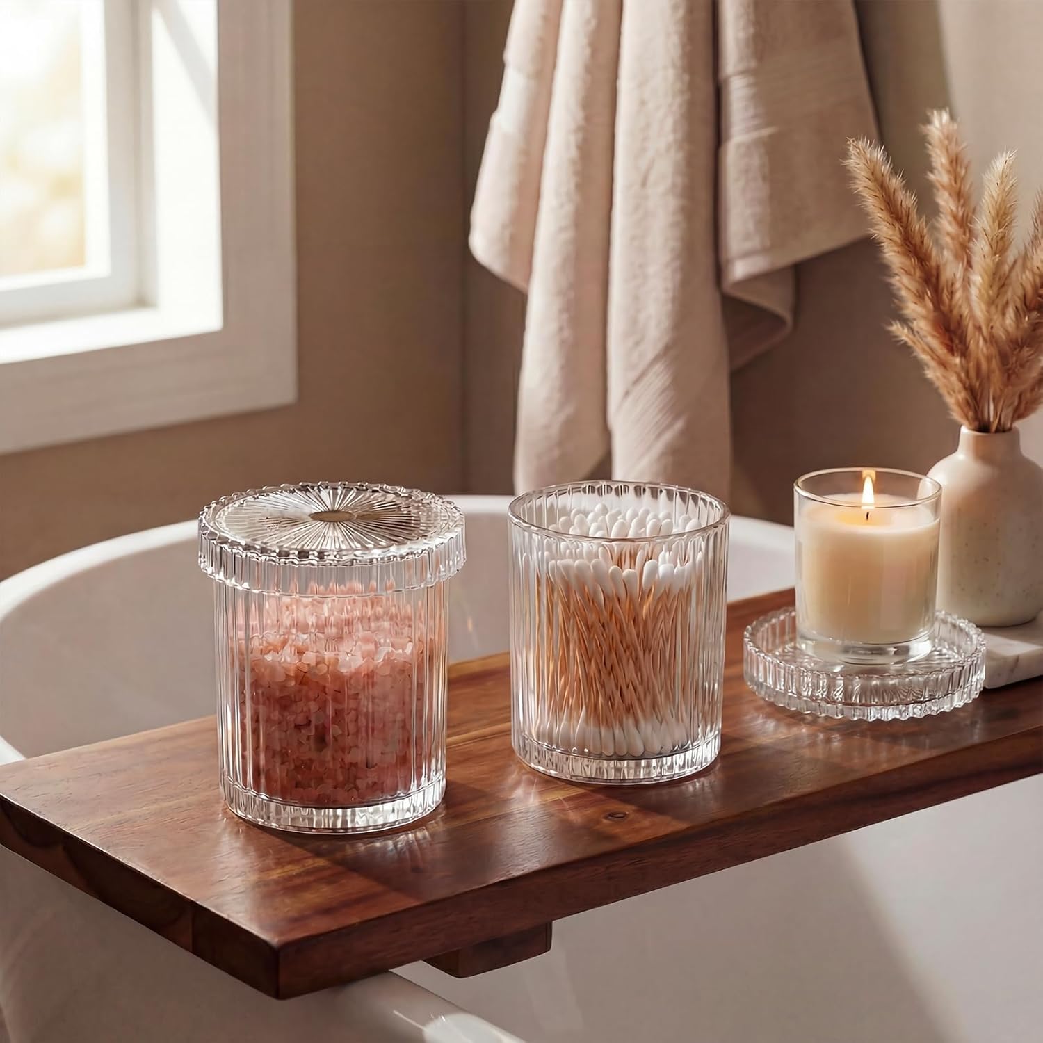 Rejomiik Glass Qtip Holder Dispenser - 2 Pack Apothecary Jars with Lids for Cotton Swabs & Makeup Storage