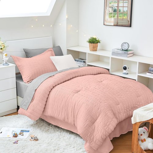 HYMOKEGE Twin XL Comforter Set - Rose Gold & Light Grey Seersucker | 5-Piece All-Season Luxury Bedding Set
