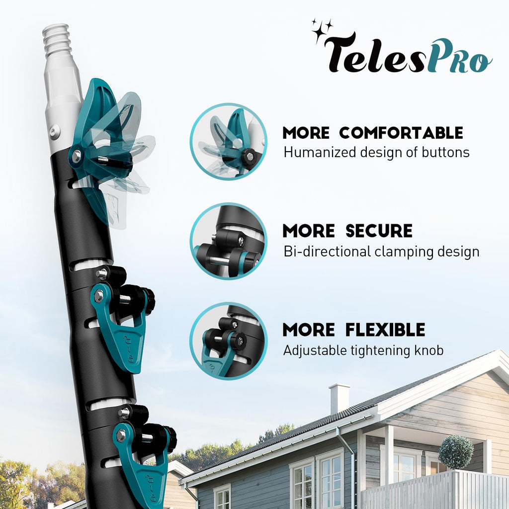TelesPro 20 Feet High Reach Window Squeegee with 5-12Ft Extension Pole, Window Cleaner Tool with 3-Stage Telescoping Pole, Window Cleaning Kit with Rotatable Head (2 Squeegee & 2 Microfibre Cloths)