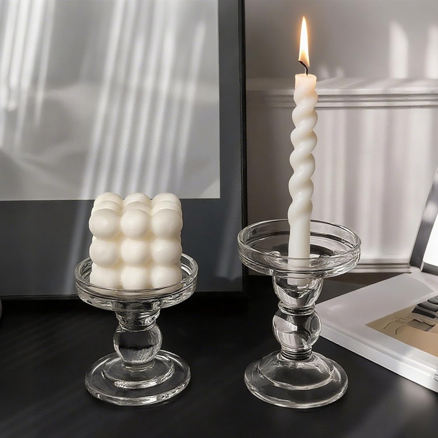 Okllen Glass Candle Holders Set of 6 - Clear Crystal Pillar & Tealight Holders for Home Decor & Weddings