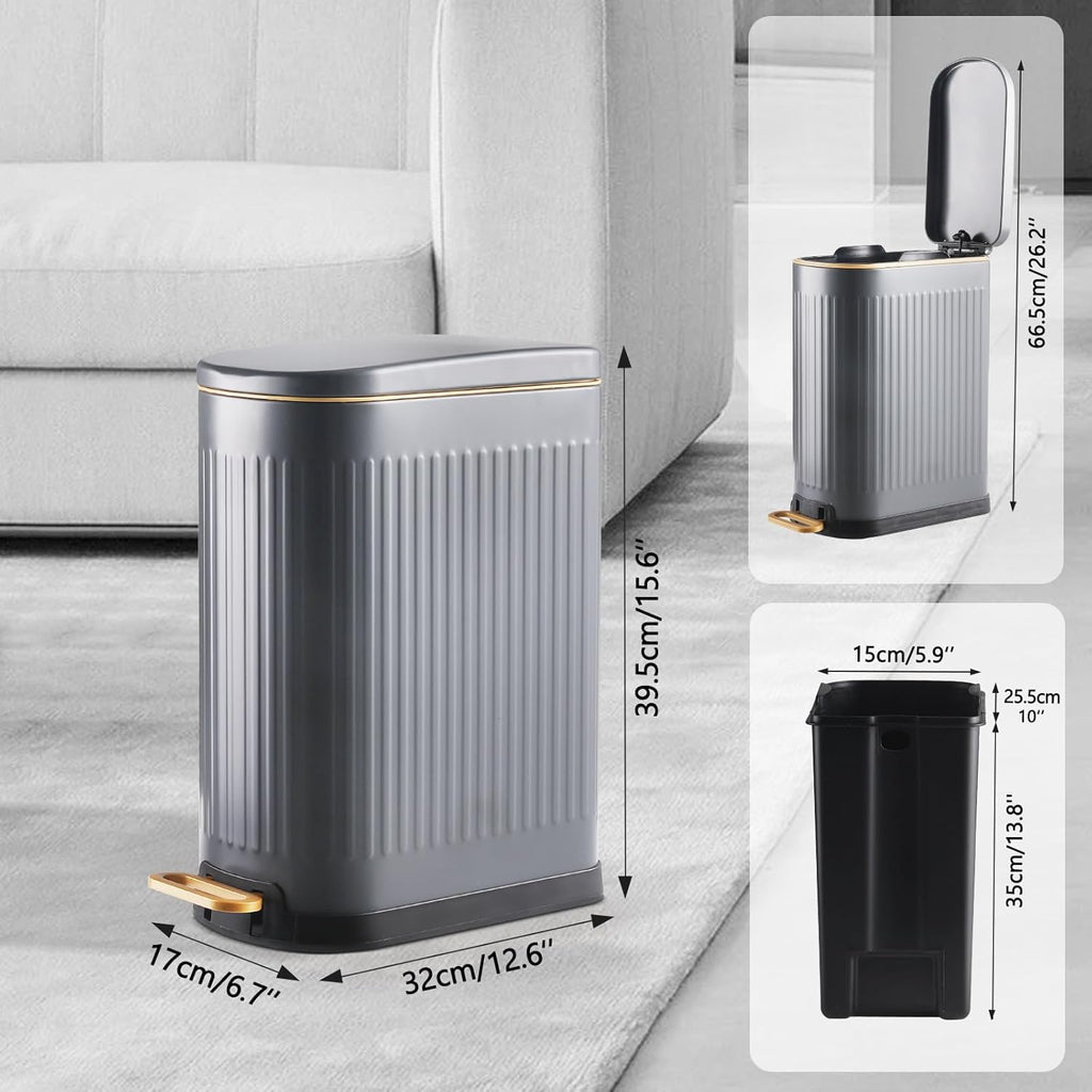 SYNCVIBE Slim Bathroom Trash Can - Soft Close Lid & Removable Inner Bucket | Matt Grey, 3.5 Gallons