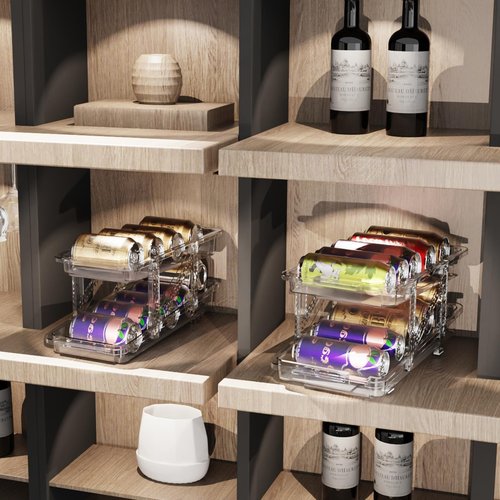 Jsyrjing Drink Organizer for Fridge Soda Holder for Refrigerator Can Dispenser,Adjustable Width Can Holders for Fridge Suitable for Storage Cabinet and Pantry Clear (2 Pack)