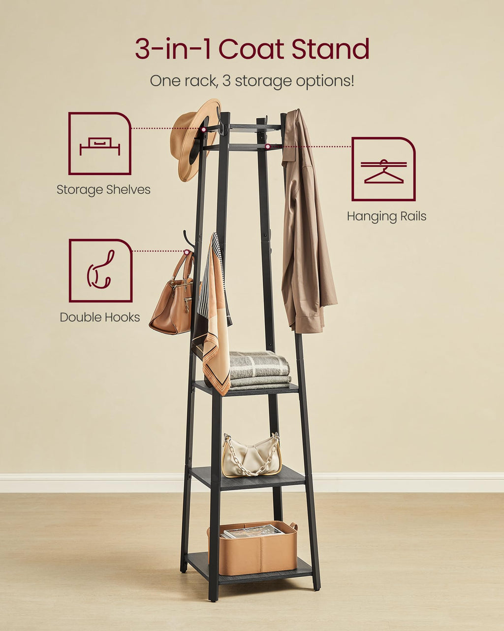 VASAGLE Coat Rack, Coat Stand with 3 Shelves, Hall Tree Free Standing with Hooks for Scarves, Bags, Umbrellas, Steel Frame, Industrial Style, for Entryway, Living Room, Charcoal Gray ULCR080B03