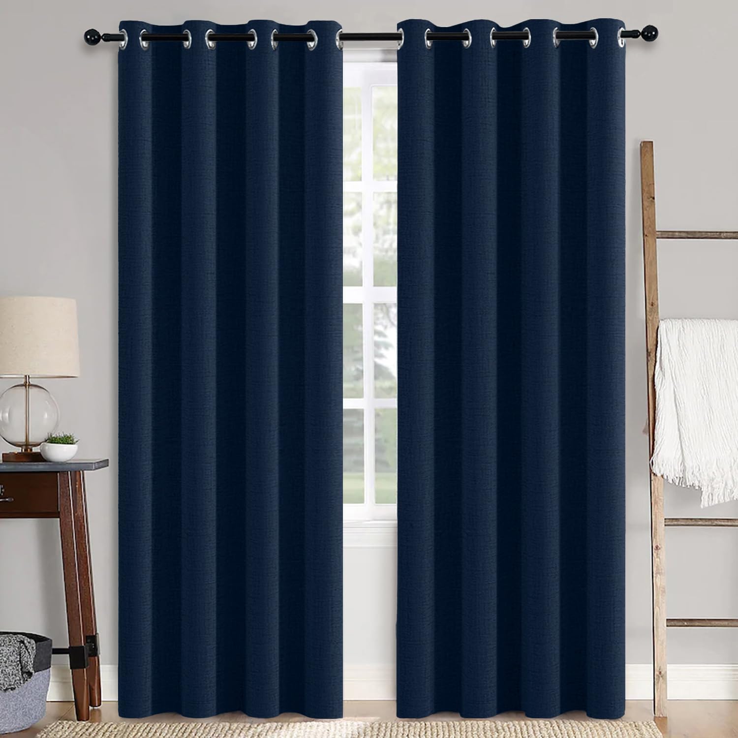 MIULEE 100% Blackout Curtains - Linen Textured Thermal Insulated Drapes | Midnight Blue, 52 x 84 Inch (2 Panels)