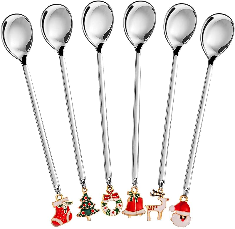 Christmas Spoons 6-Piece Stainless Steel Coffee Spoons with Xmas Pendant - Silver