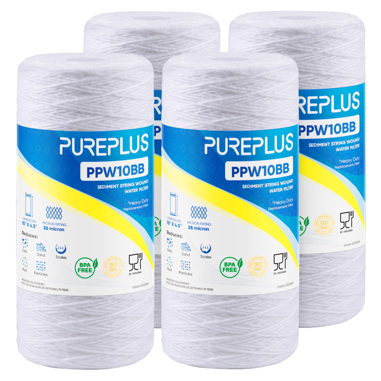 PUREPLUS 25 Micron 10 x 4.5 Whole House String Wound Sediment Filter for Well Water, Replacement Cartridge for 84637, WPX5BB97P, PC10, CW5-BBS, 355215-45, WP10BB97P, WP5BB97P, 4Pack