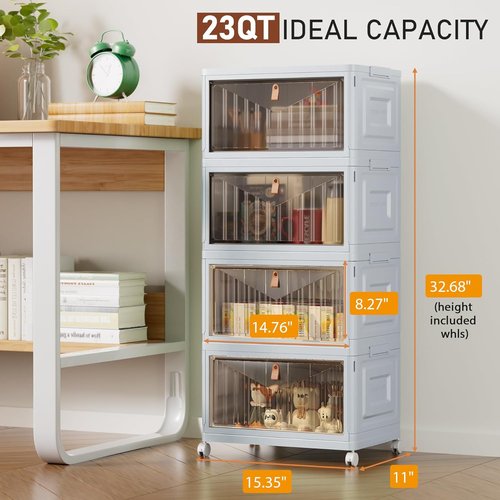 4 Tier Stackable Storage Bins by [Brand Name] - 23 QT Plastic Organizers with Lid & Wheels | Grey Foldable Containers for Home, Craft & Pantry