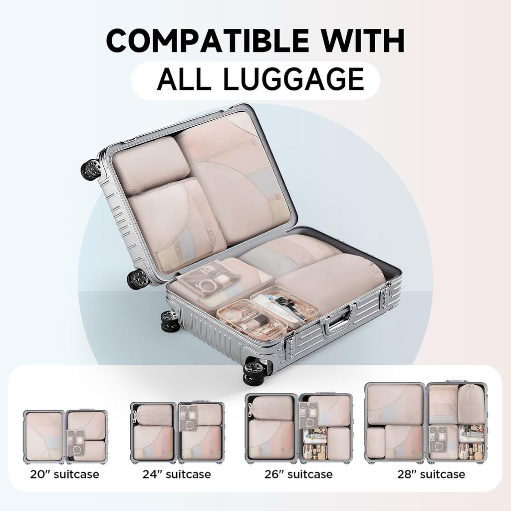 Skiennix Packing Cubes - 11 Set Travel Organizers | TSA Approved Makeup & Toiletry Bags - Beige
