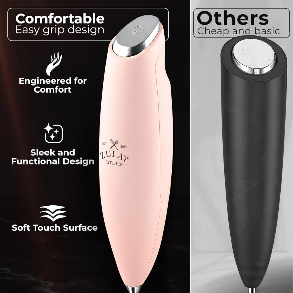 Zulay Kitchen Tornado Triple Whisk Milk Frother - Handheld Foam Maker for Coffee & Lattes | Spritz Pink, Includes 4 Duracell Batteries