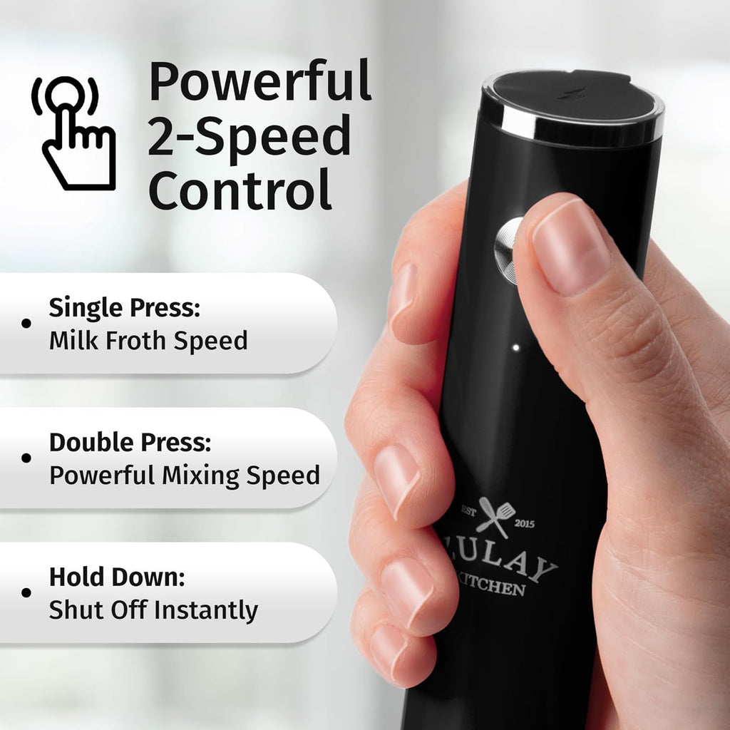 Zulay Kitchen Rechargeable Milk Frother - Powerful 2-Speed Motor, Waterproof, 2000mAh Battery | Perfect for Lattes, Cappuccinos, Matcha & Protein Drinks - Obsidian Black