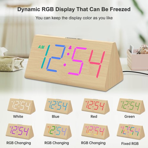DreamSky Wooden Digital Alarm Clock for Bedroom - RGB Electric Desk Clock with Large Numbers, USB Port, Loud Alarm for Heavy Sleepers, Dimmer and Volume Control, Snooze, Wood Décor, Adapter Powered