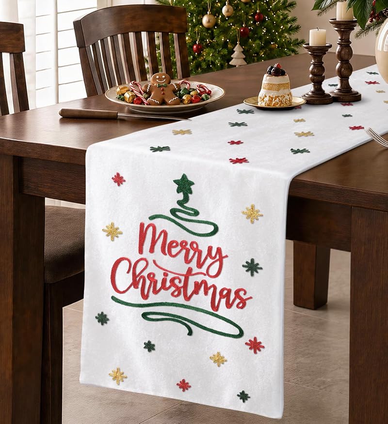 Snowfall Noel Embroidered Velvet Table Runner 13x72 - MuseHaus Variation