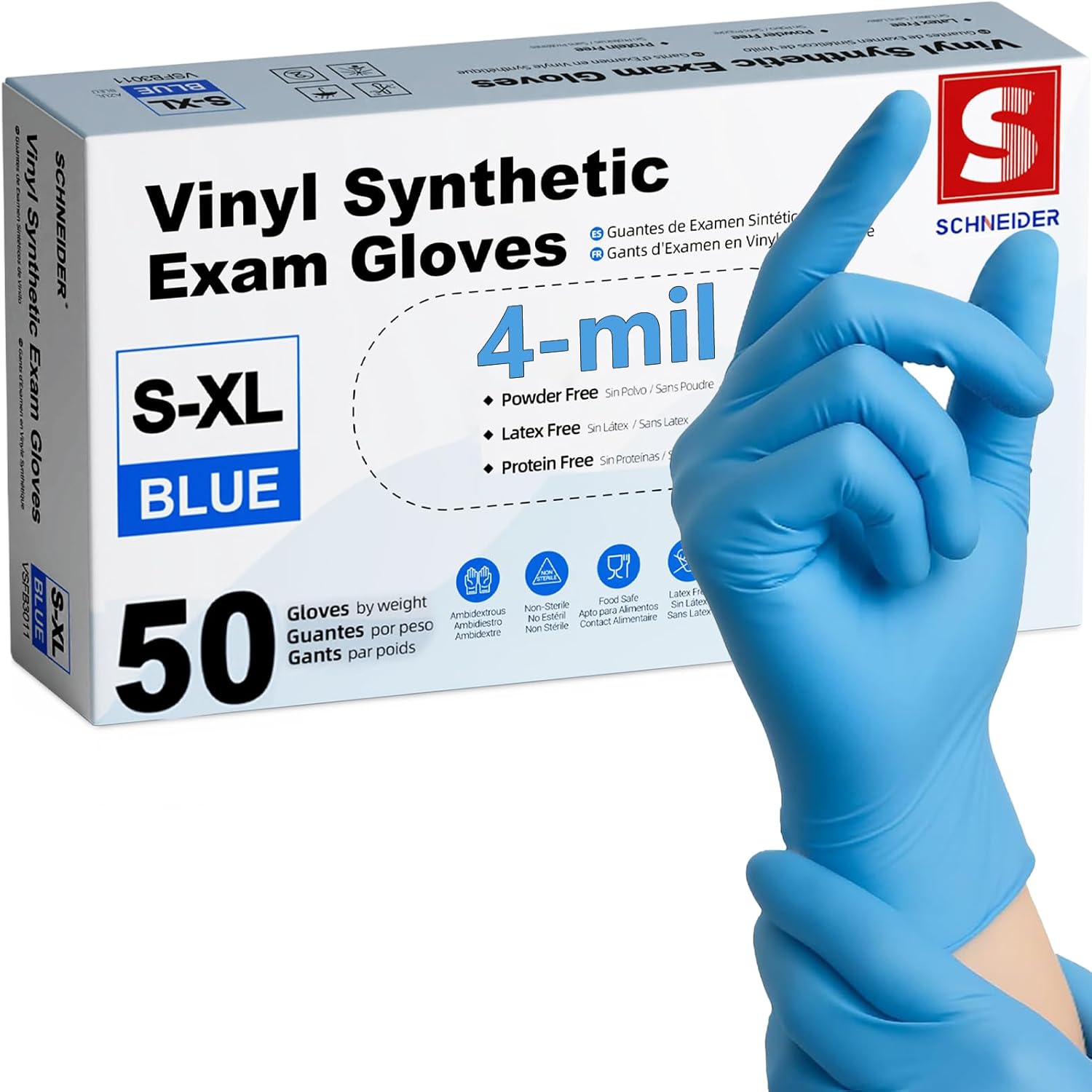 Schneider Vinyl Exam Gloves - Blue Disposable, Latex-Free & Powder-Free for Medical Use | 100 Count